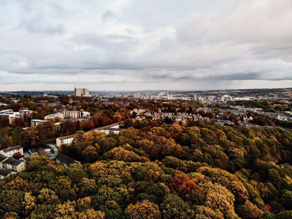 Aerial view of Sheffield in autumn, a great city to take driving lessons